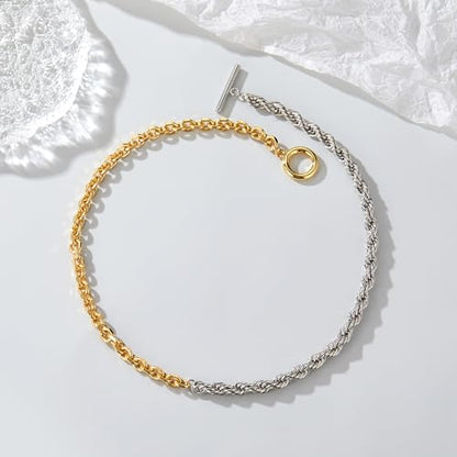 Wire Necklaces for Women, 2 Tone Link Chain Necklaces Circles Adjustable Necklaces Costume Jewelry for Women Gifts - color: Two-Tone