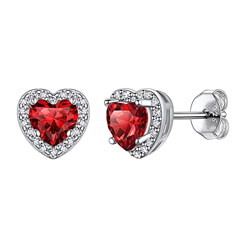 Suplight 925 Sterling Silver Birthstone Stud Earrings for Women, Round/Heart/Teardrop/Square Crystal Diamond Earrings for Women, Dainty Birthday Gifts Jewelry - color: style b-01. heart-January (Created Garnet)