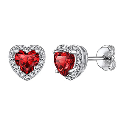 Suplight 925 Sterling Silver Birthstone Stud Earrings for Women, Round/Heart/Teardrop/Square Crystal Diamond Earrings for Women, Dainty Birthday Gifts Jewelry - color: style b-01. heart-January (Created Garnet)