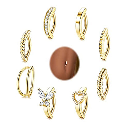ORAZIO 8Pcs Belly Button Ring Surgical Steel 14G Clicker Belly Rings for Women CZ Heart Butterfly Belly Button Piercing Simple Reverse Navel Barbell Rings Body Piercing Jewelry - color: Gold Plated-10mm