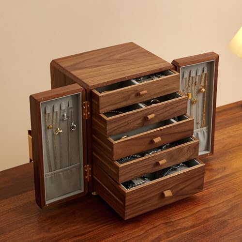 Black Walnut Wood Jewelry Box for Women, Large | Velvet Lined, 5 Drawers & Brass Feet, Earring Organizer, Traditional Chinese Pattern Handles - size: Double doors
