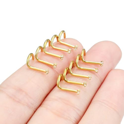Hoeudjo Nose Studs Surgical Steel Cubic Zirconia Nose Rings Kit for Women Men Tiny Nose Stud Bone & Screw & L Shaped Nostril Piercing Jewelry 24/22/20/18 Gauge 10 Pieces - color: gold-tone,screw nose studs, size: 18g/1.5mm clear CZ