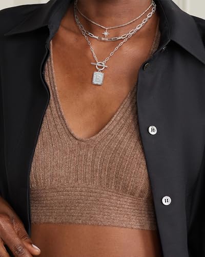 MJartoria Layered Initial Necklaces for Women | 14K Gold Plated Brass, Star Choker, Square Letter Pendant, Paperclip Chain - color: Silver, style: B