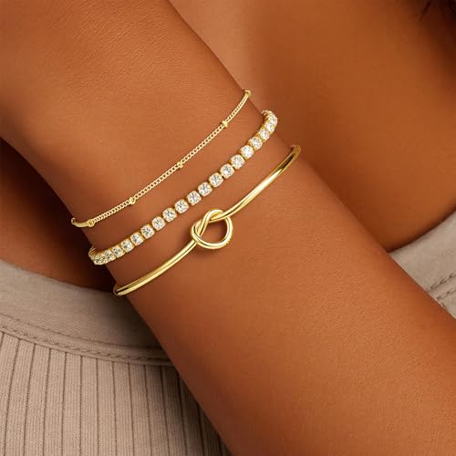 Turandoss Gold Bracelets for Women - Dainty 14K Gold Plated Tennis Bracelet | Stackable Cross Beaded Set, Twisted Rope Chain, Snake Paperclip Chain, Knot Cuff Bracelets for Women, Jewelry Gifts - color: Knot Tennis Set