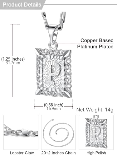 U7 Initial Letter Necklace for Men Women, 14K Gold/Silver Plated Square Capital Monogram Pendant Necklace from A-Z with 22+2 Inch Figaro Chain, Personalized Jewelry for Him - color: Silver, style: P