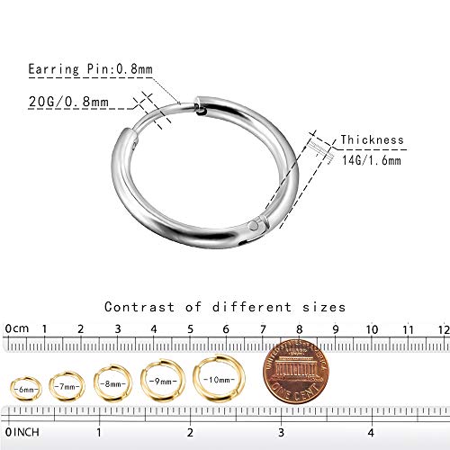 EACHLP Tiny Hoop Earrings 18K Real Gold Plating Surgical Steel Unisex - style: 6/8/10 Silver