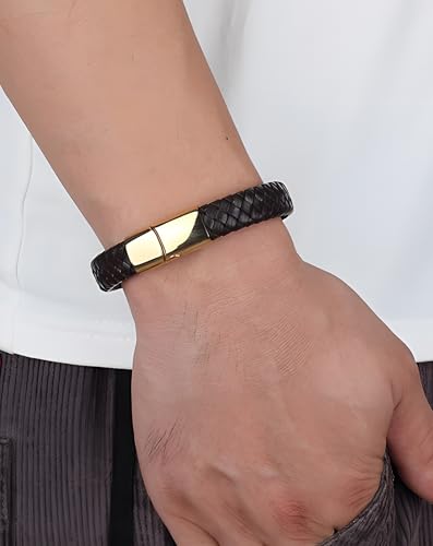 Leather Bracelet for Men, Braided Mens Cuff Bracelets with Stainless Steel Clasp Stacked Multi Style Color Anniversary Father's Day Birthday Christmas Jewelry Gifts for Him - color: Black Clasp & Black Leather