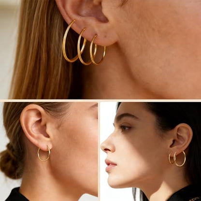 5/8 Pairs Gold Silver Hoop Earrings for Women Stainless Steel Jewelry Set | 30 40 50 60 70 mm, 14K Gold Plated Stainless Steel, Hypoallergenic, Lightweight, Thin, Small Medium Large Dangle - color: 5 Pair/Gold (30/40/50/60/70mm)