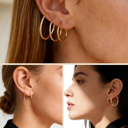 5/8 Pairs Gold Silver Hoop Earrings for Women Stainless Steel Jewelry Set | 30 40 50 60 70 mm, 14K Gold Plated Stainless Steel, Hypoallergenic, Lightweight, Thin, Small Medium Large Dangle - color: 8 Pair/Silver+Gold (30/40/50/60mm)