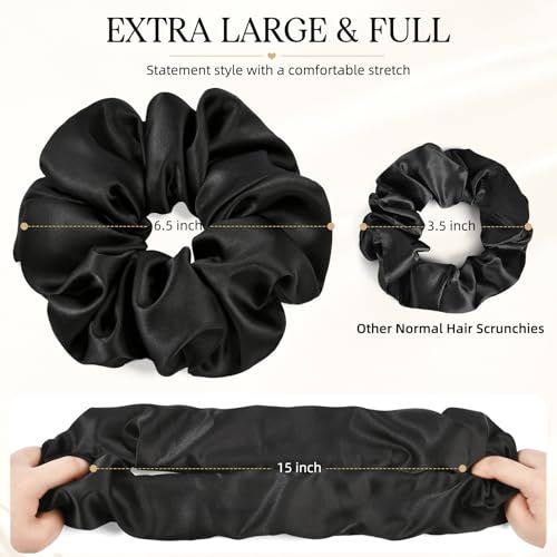 2 PCS Black Jumbo Satin Silky Scrunchies 6.5 Inches Oversized Scrunchie Extra Large Big Hair Ties Ponytail Holder for Thick Curly Hair Women (Black) - color: Black