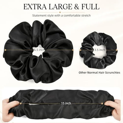 2 PCS Black Jumbo Satin Silky Scrunchies 6.5 Inches Oversized Scrunchie Extra Large Big Hair Ties Ponytail Holder for Thick Curly Hair Women (Black) - color: Black