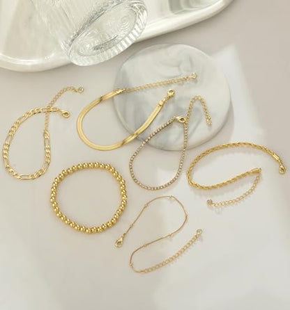 Gold Bracelets for Women 14K Gold Plated Stack Trend Bracelets Charm Paperclip Chain Cuban Link Layered Waterproof Bracelet Dainty Bracelet for Women Jewelry Gifts - color: 6Pcs Beaded Gold