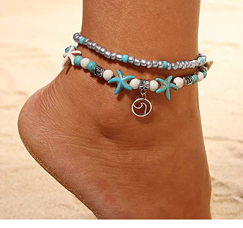 Softones Blue Starfish Turtle Anklet Multilayer Charm Beads Sea Handmade Boho Anklet Foot Jewelry for Women - style: E:2pcs Turtle Wave