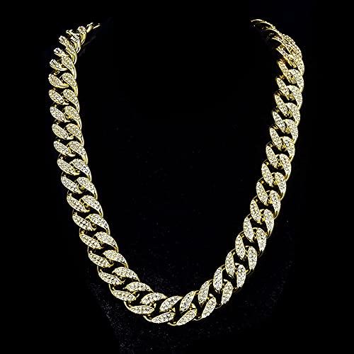 Plastic Shiny CZ Rhinestone Curb Cuban Link Chain Gold Silver Miami Hip Hop Chain Bling Diamond-Cut Chunky Turnover Necklace 80s 90s Costume Accessory for Men Women Unisex - color: Gold