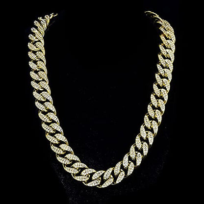 Plastic Shiny CZ Rhinestone Curb Cuban Link Chain Gold Silver Miami Hip Hop Chain Bling Diamond-Cut Chunky Turnover Necklace 80s 90s Costume Accessory for Men Women Unisex - color: Gold