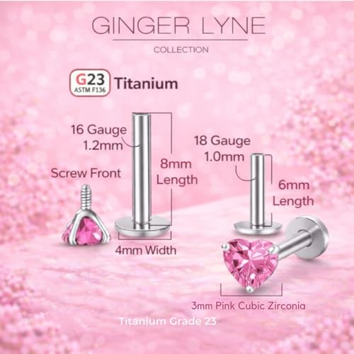 Titanium Heart CZ Labret Stud Earrings for Piercings by Ginger Lyne 6Pc Set G23 Screw Front Flat Back Body Jewelry 2 pair post 6mm, 8mm Cartilage, Helix, Tragus, Lip, Conch, Lobe - color: 3mm-Pink