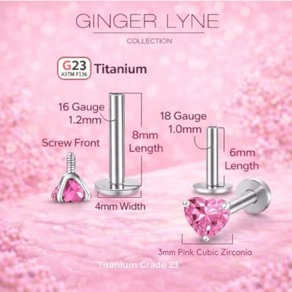 Titanium Heart CZ Labret Stud Earrings for Piercings by Ginger Lyne 6Pc Set G23 Screw Front Flat Back Body Jewelry 2 pair post 6mm, 8mm Cartilage, Helix, Tragus, Lip, Conch, Lobe - color: 3mm-Pink
