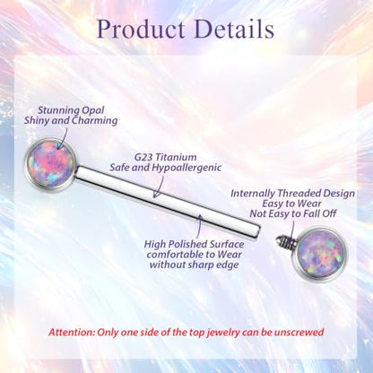FUNLMO 2pcs Nipple Piercing Jewelry Titanium Nipple Rings Internally Threaded Tongue Rings Bridge Piercing Jewelry Nipple Barbells 14G 12-20mm - color: Silver,Purple Opal