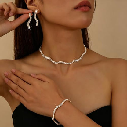 Gold Rhinestone Jewelry Set for Women Crystal Choker Necklaces Drop Earrings Adjustable Bracelet Elegant Prom Bridal Jewelry - color: Gold