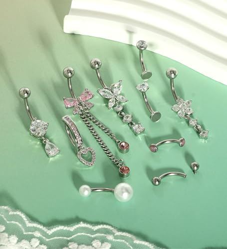 Dangle Floating Gold Belly Button Ring Surgical Stainless Steel Navel Piercing Set Hypoallergenic Small 14g Belly ring Heart Short Cute Pink Dangly Belly Piercing Jewelry for Women - color: silver