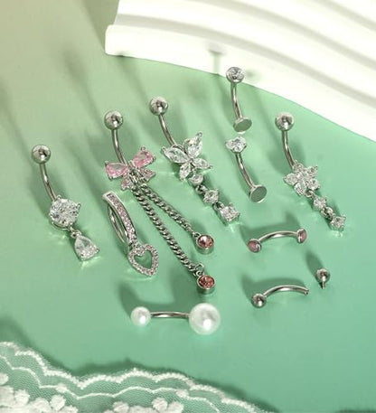 Dangle Floating Gold Belly Button Ring Surgical Stainless Steel Navel Piercing Set Hypoallergenic Small 14g Belly ring Heart Short Cute Pink Dangly Belly Piercing Jewelry for Women - color: silver