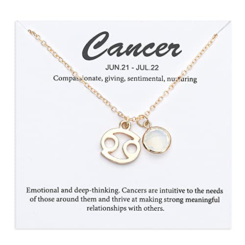 14k Gold Plated Zodiac Birthstone Crystal Pendant Necklace, Horoscope Sign Charm Necklace for Women Birthday Gift - color: Cancer-June