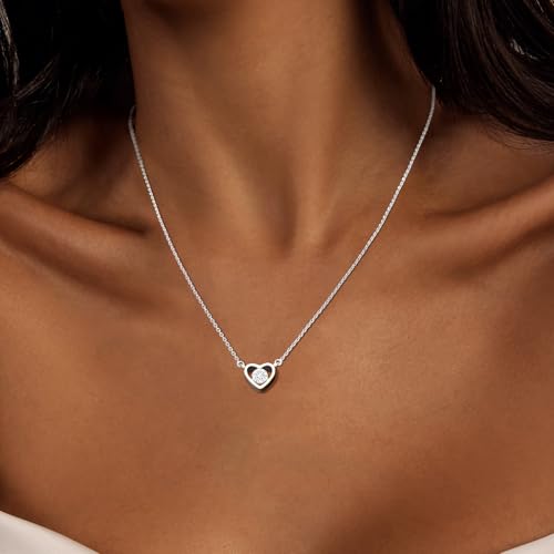 Airmb Heart Necklace for Women Gold/Silver Plated Trendy Heart Choker Lover Pendant Hypoallergenic Fashion Gold/Silver Necklace for Women Love Jewelry Gift for Women Girlfriend - color: One Cubic Zirconia-Silver