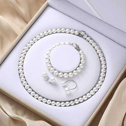 Pearl Jewelry Set for Women, Complete Set Includes Necklace, Bracelet, Earrings - Fashion Pearl Jewelry with Box for Wife, Mom, Sister, Bride, Bridesmaid - style: Complete Pearl Jewelry_4 Set