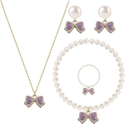 MALOYANVE 4PCS Bow Necklace Earrings Bracelet Ring Set for Women Elegant Bowknot - Adorned Pearl Jewelry Silk Ribbon Necklace Bracelet and Earrings for Christmas - style: Purple Bow