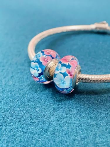 2pcs Authentic 925 Silver Murano Glass Flower Charms for Pandora Bracelets - color: 03-Pink & White flowers
