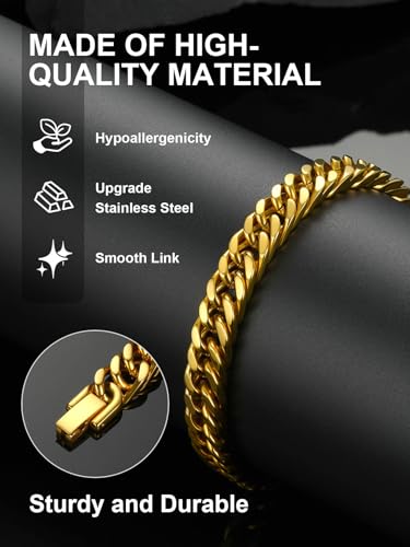 ChainsPro Miami Cuban Link Chain Bracelet for Men, 6/8/12/17mm, 7.5/8.3/9inch, 316L Stainless Steel/18K Gold Plated/Black No Tarnish Bracelets for Fathers' Day Husband, Send Gift Box - color: Gold Plated