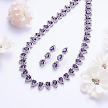 EleQueen Women's Silver-Tone Full Prong Cubic Zirconia Teardrop Bridal Necklace Earrings Set - color: 05-Amethyst Color