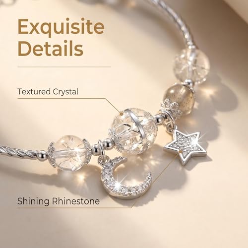 Star and Moon Bracelet for Women, White Crystal Bracelet with Celestial Charm, Spiritual Energy Beaded Bracelet for Meditation Yoga Travel Daily Wear, Inspirational Birthday Gift for Her Friend Sister
