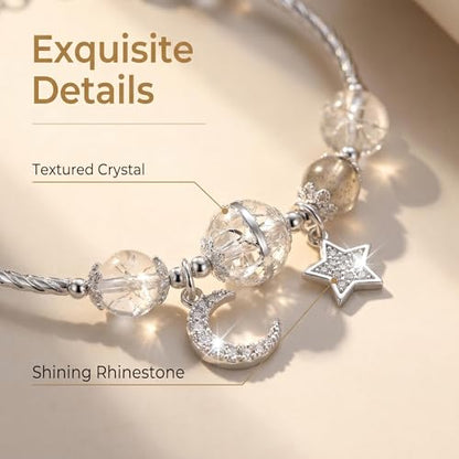 Star and Moon Bracelet for Women, White Crystal Bracelet with Celestial Charm, Spiritual Energy Beaded Bracelet for Meditation Yoga Travel Daily Wear, Inspirational Birthday Gift for Her Friend Sister