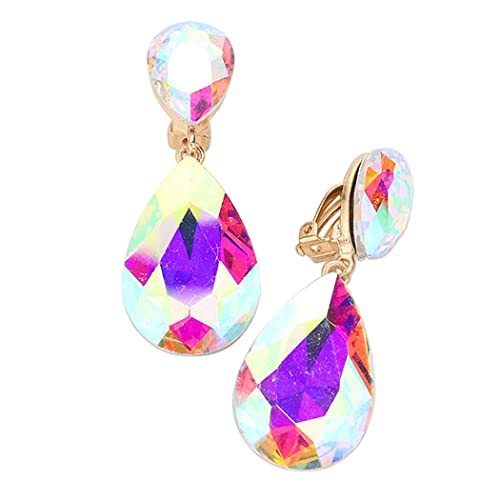 Rosemarie & Jubalee Women's Double Teardrop Statement Glass Crystal Rhinestone Dangle Clip On Bridal Earrings, 2" - color: AB Crystal Gold Tone