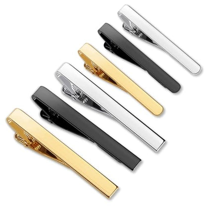 Tie Clips for Men 6-Pack, Viaky Classic Tie Bar Gold Silver Black 3 Tones | Men's Jewelry Accessories Necktie Clip for Wedding, Business and Formal,Gifts for Father, Husband, Boyfriend,etc.