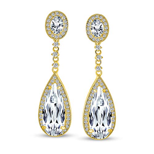 Long Cocktail CZ Halo Teardrop Chandelier Clip On Earrings Silver Plated - color: Gold-Tone