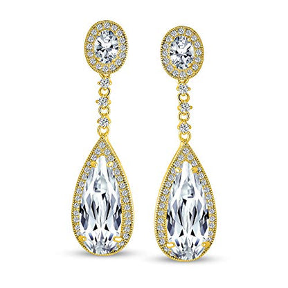 Long Cocktail CZ Halo Teardrop Chandelier Clip On Earrings Silver Plated - color: Gold-Tone