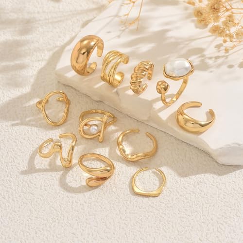 Chunky Gold Rings for Women Non Tarnish, Baroque Pearl Flower Tiger's Eye Stone Rings Adjustable Stacking Statement Rings Set Fashion Jewelry Gifts - style: Small Pearl