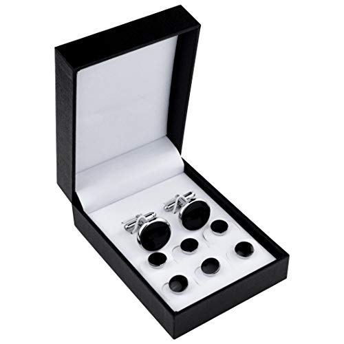 Tuxedo Studs and Cufflinks Set, Mens Cufflinks and Cuff Studs Set, Formal Shirt Buttons with Gift Box for Wedding Business Suit Accessories - color: Black/Silver