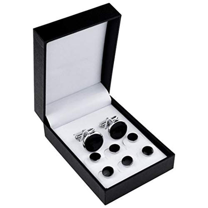 Tuxedo Studs and Cufflinks Set, Mens Cufflinks and Cuff Studs Set, Formal Shirt Buttons with Gift Box for Wedding Business Suit Accessories - color: Black/Silver