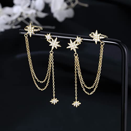 SLUYNZ 925 Sterling Silver Fashion Star Cuff Earring Chain for Women Star Crawler Earring Wrap Earrings - color: Pair-D-Yellow