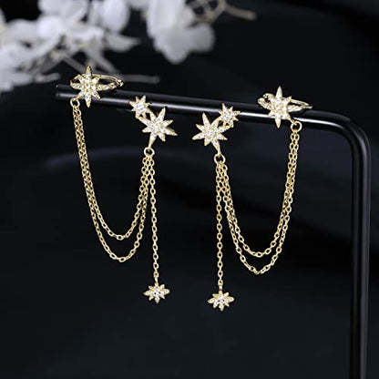 SLUYNZ 925 Sterling Silver Fashion Star Cuff Earring Chain for Women Star Crawler Earring Wrap Earrings - color: Pair-D-Yellow