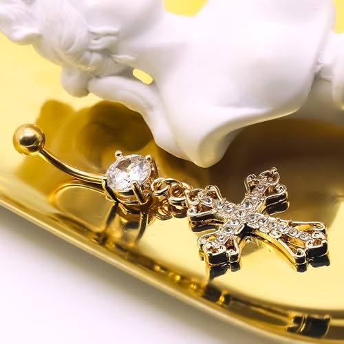 VERAMI 14G 316L Celtic Cross Belly Button Ring Surgical Steel Paved Gems Dangling Belly Button Ring Body Piercing Jewelry - color: Gold:C-5
