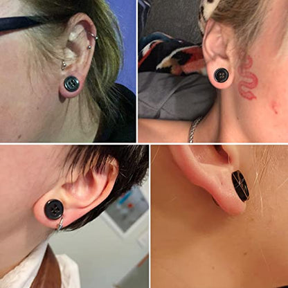 2Pcs Acrylic Plug Gauges for Ears Women Men Black White Button Plug Earrings, Single Flared Saddle Stretching Gauge Tunnels Expanders, Four Hole Button Piercing Plugs with Rubber O-Rings 8G to 1 Inch