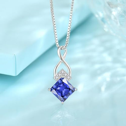 Infinity Necklace 925 Sterling Silver Princess Cut Pendant Birthstone Jewelry for Women - color: Violet Blue