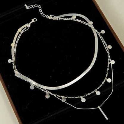 Layered Gold Necklace for Women Double Layer Snake Chain Necklace Set Jewelry Gift - color: Silver thick gold necklace