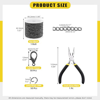 102Pcs Jewelry Making Kit, 10 Yards Necklace Chains with 50Pcs Open Jump Rings, 50Pcs Lobster Clasps, Chain Nose Pliers for DIY Necklace Bracelet Jewelry Making - Gun Black - color: Gun Black