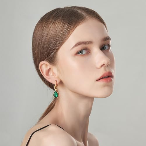 Crystals Teardrop Dangle Drop Earrings, 18K Gold Plated Hoop Earrings Zirconia Jewelry for Women Gifts - color: Green-Long