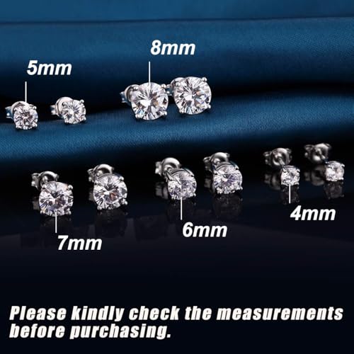 Jiamiaoi 18K White Gold Plated Stud Earrings 925 Sterling Silver Round and Square Cut Princess Cut 5A+ Cubic Zirconia Stud Earrings 4mm to 8mm Fashion Jewelry for Men Women - color: A-Round Cut-Silver, size: 8mm